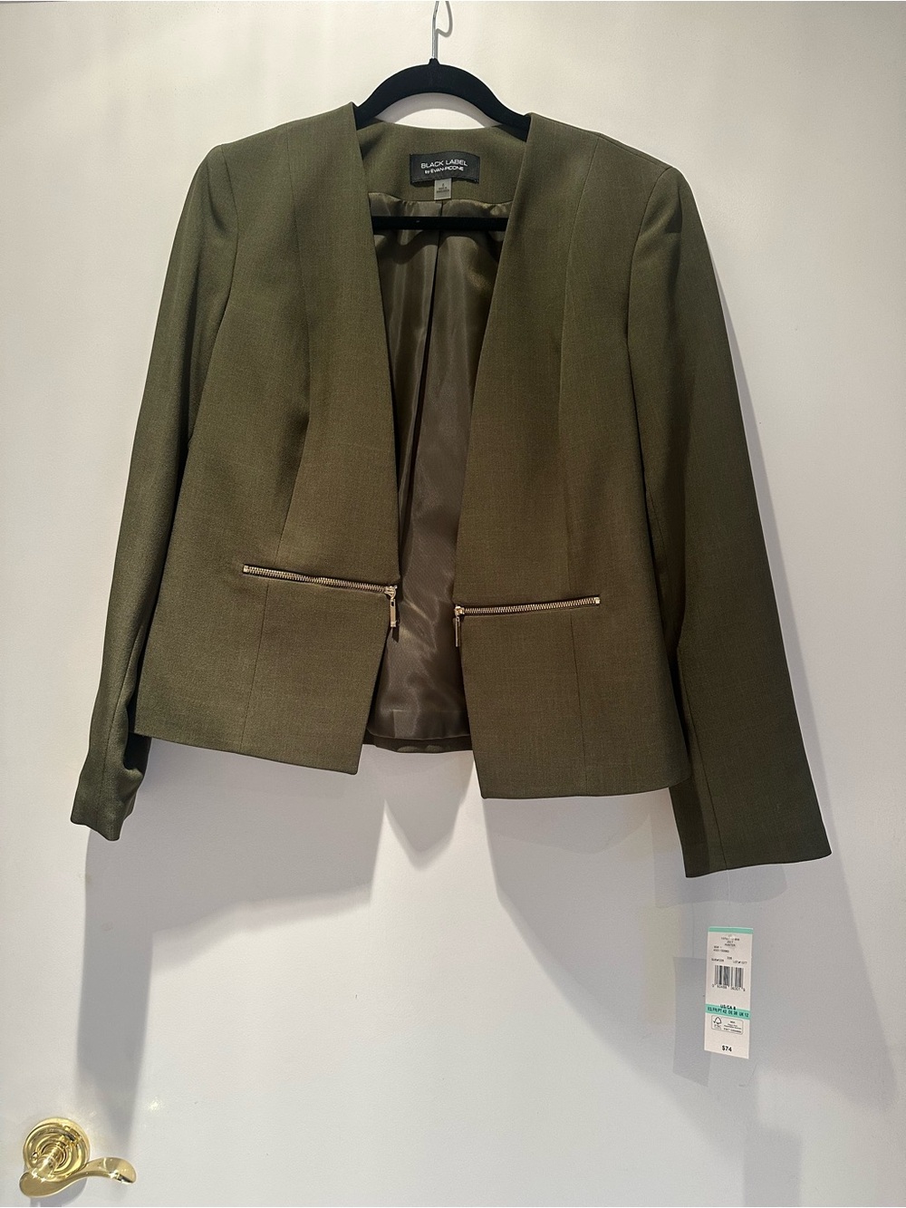 Black Label Olive Green Open-Front Blazer with Gold Zippers